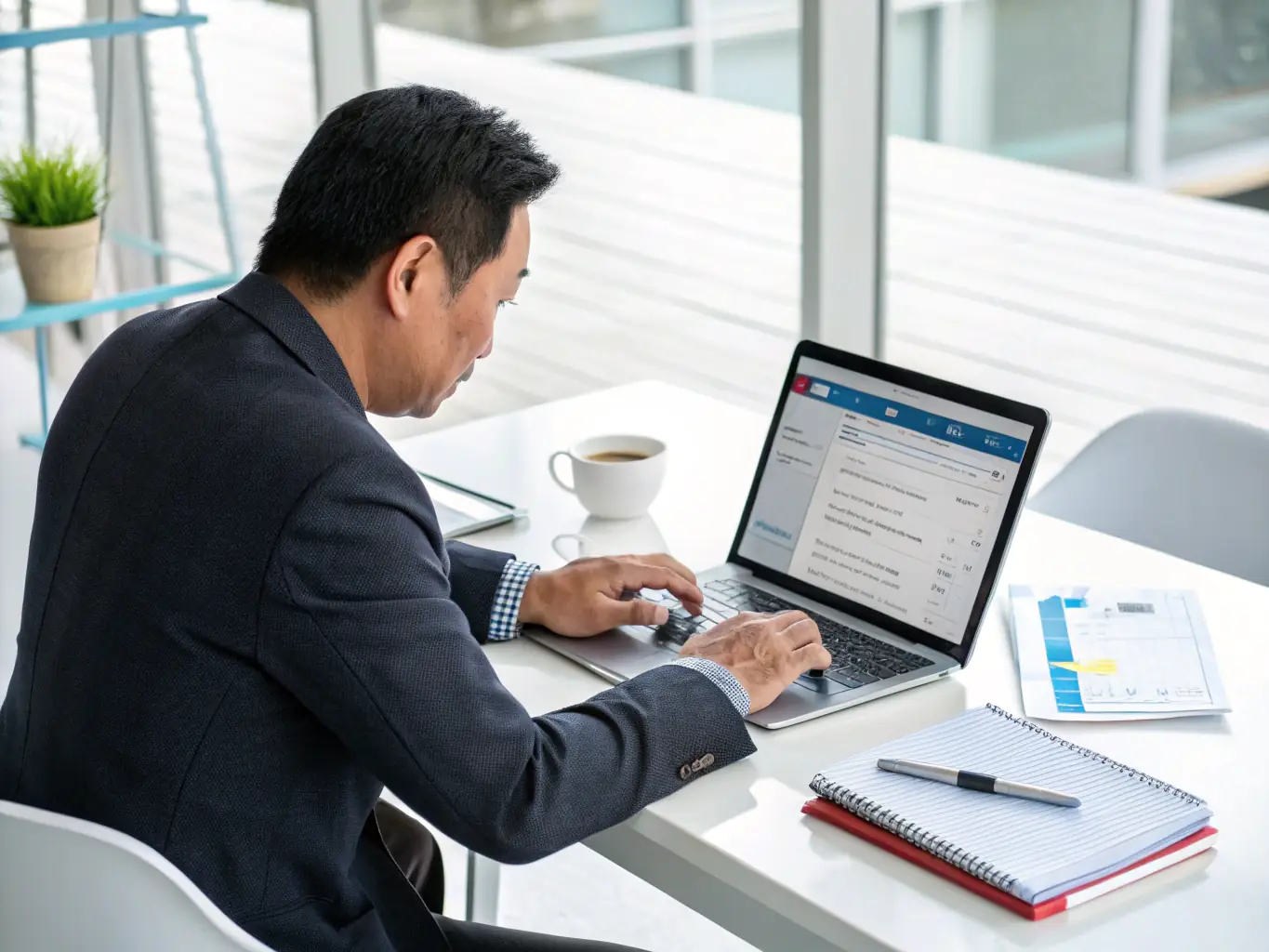 A focused professional working on a laptop, deeply engaged in an online training module, with a background suggesting a modern office setting.