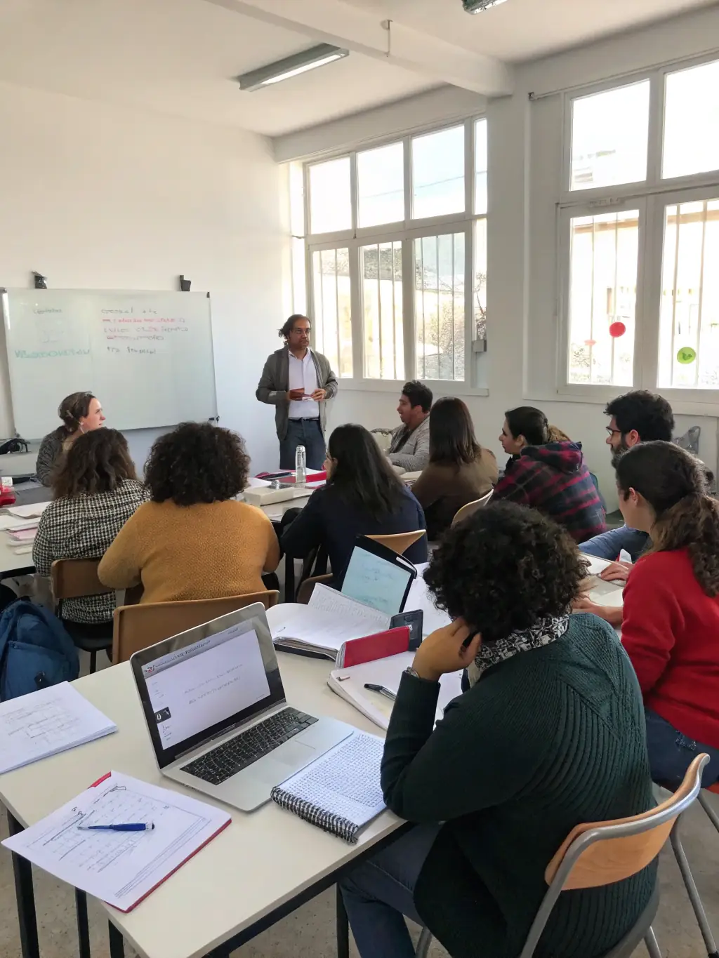 A diverse group of professionals actively participating in a business training workshop, focusing on team collaboration and problem-solving techniques.
