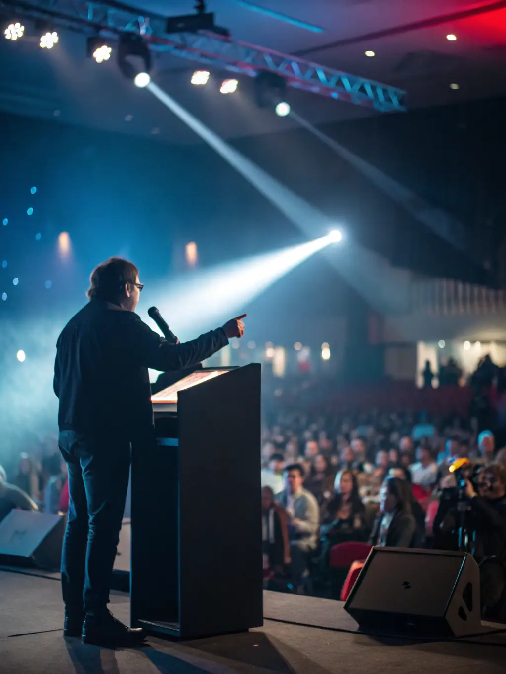 A dynamic speaker presenting leadership strategies to an engaged audience during a leadership training session.
