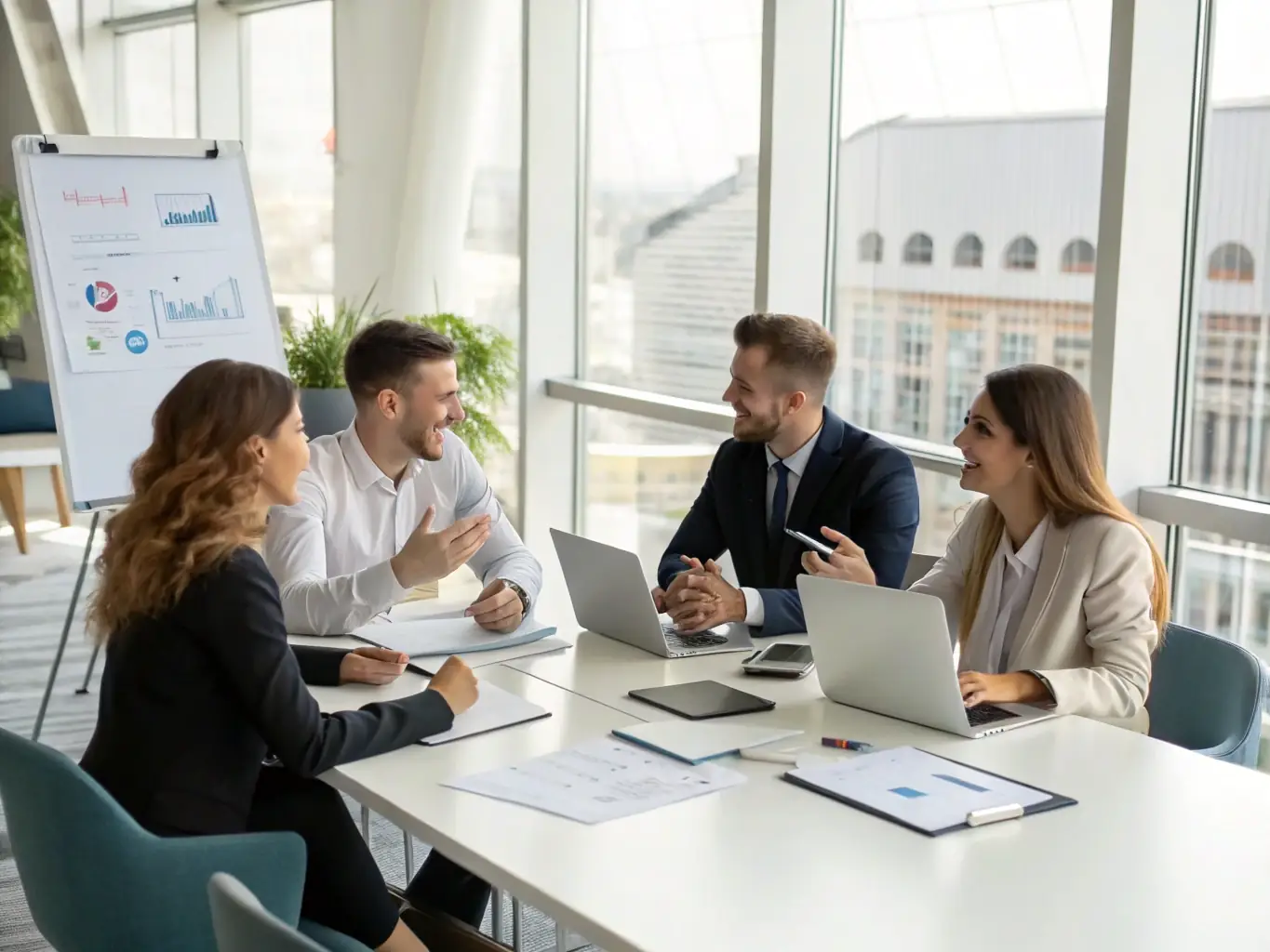 A dynamic image of a group of professionals actively participating in a business training workshop, showcasing engagement and collaboration.