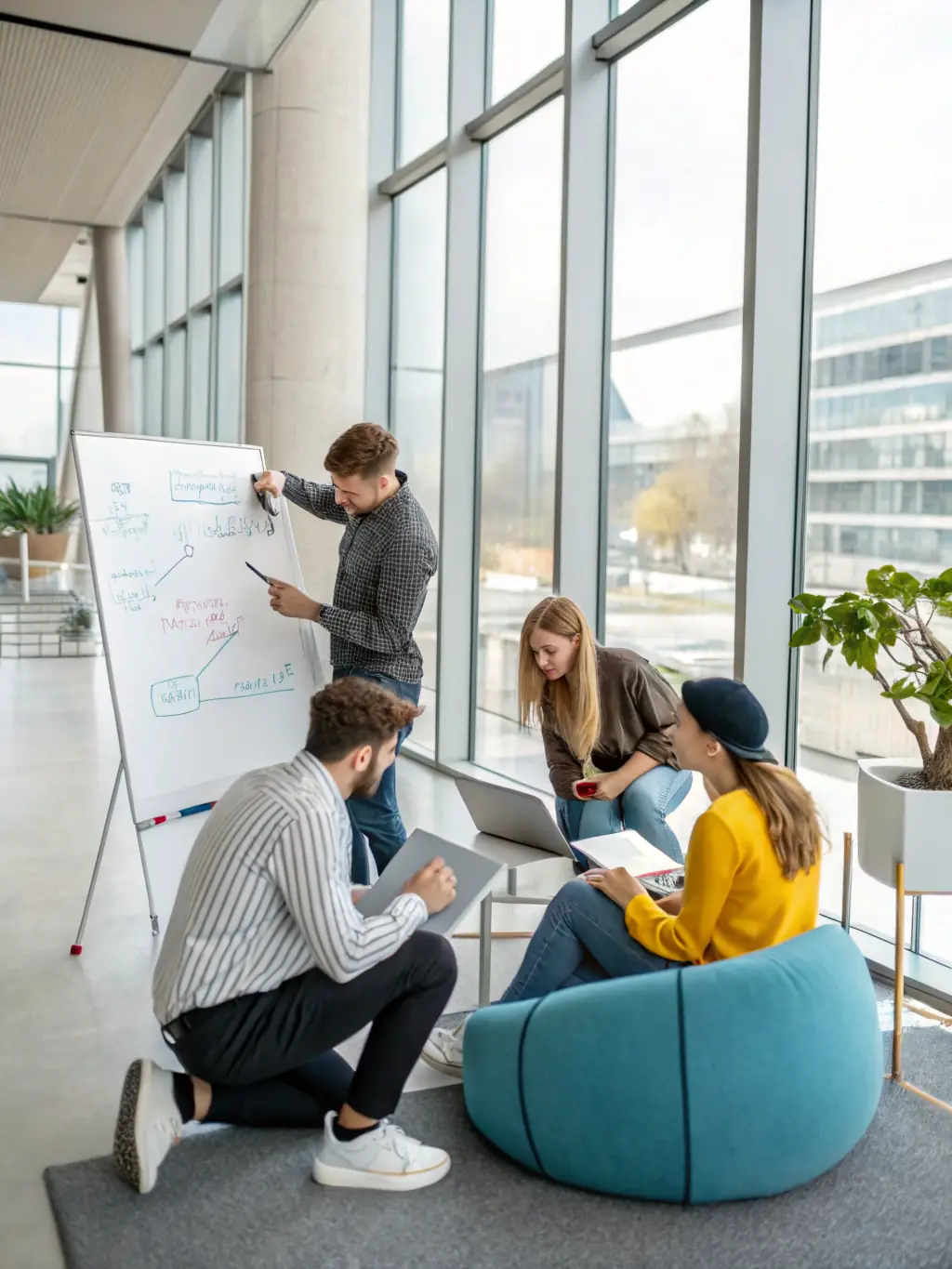 A diverse group of professionals participating in a leadership training module, engaging in team-building activities and problem-solving scenarios in a collaborative workspace.