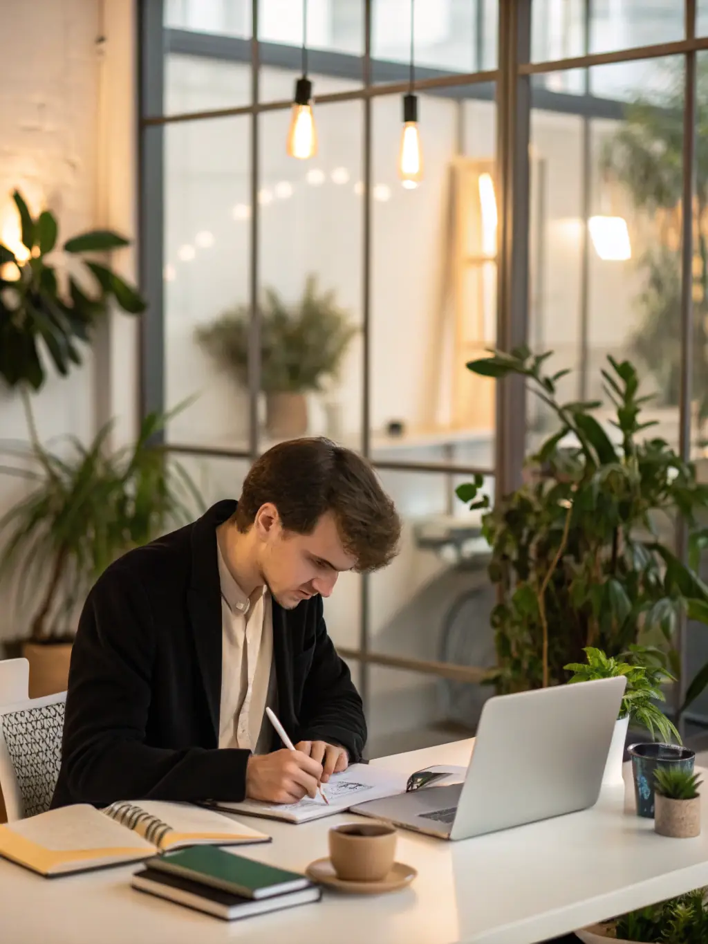 An individual working on a productivity skills module on a laptop, focusing on time management techniques and task prioritization strategies in a home office setting.