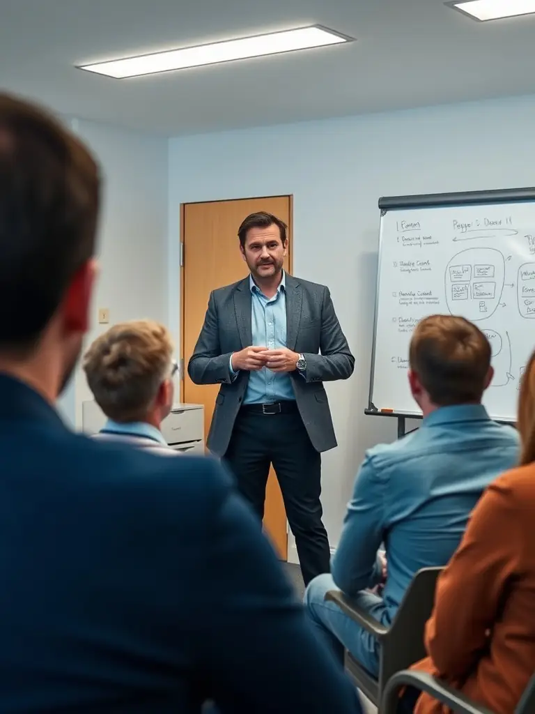 A professional business coach leading a workshop session, guiding participants through a strategic planning exercise with whiteboards and interactive discussions, set in a modern office environment.