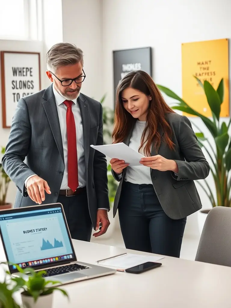 A performance improvement session with a business coach providing feedback and guidance to an employee, focusing on skill enhancement and goal achievement in a corporate office.