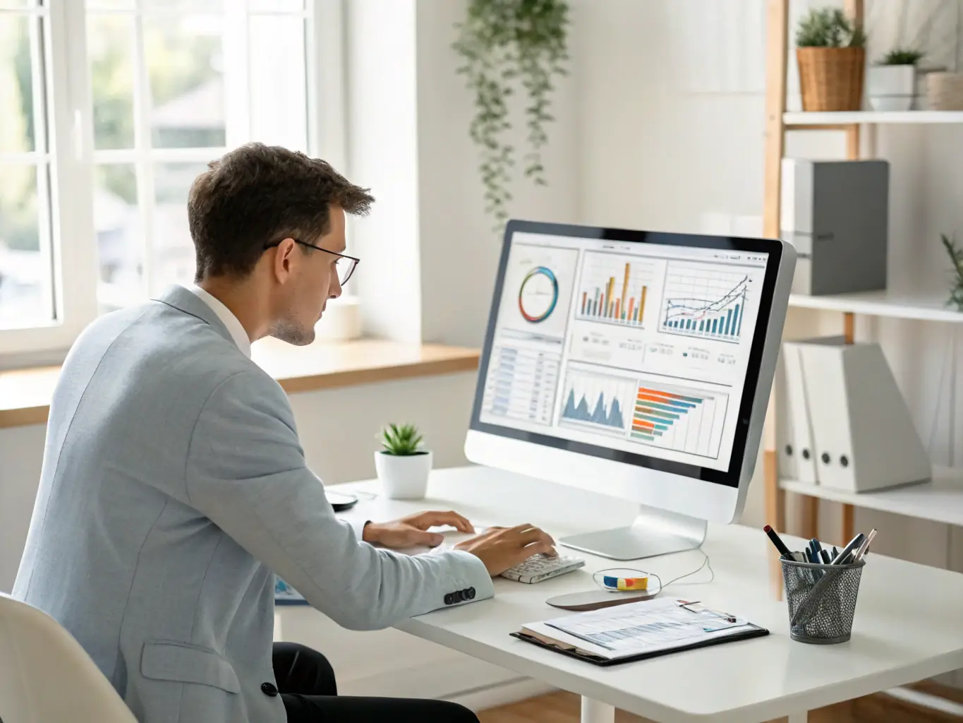 A person analyzing data and charts on a computer screen, focusing on data-driven decision-making and performance metrics.